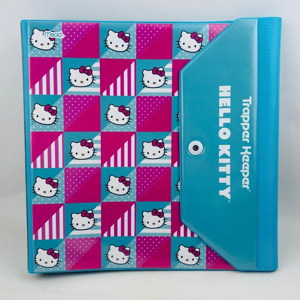 Mead Hello Kitty Trapper Keeper 3 Ring Binder Blue Pink Grid 2014 Sanrio